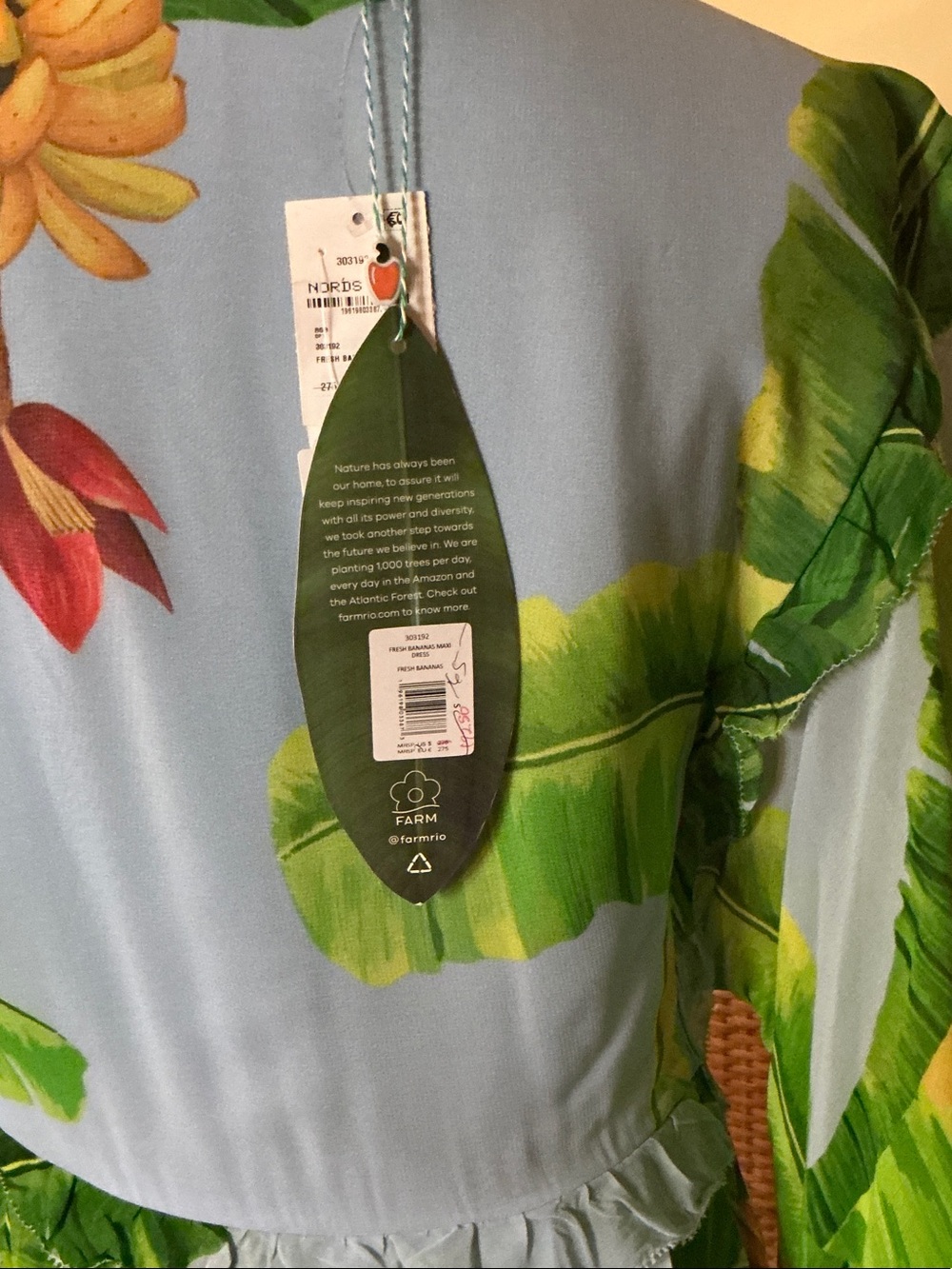 Farm Rio Tropical V-Neck Maxi Dress in Light Blue and Green W Call Out Easy Fix - Picture 3 of 8